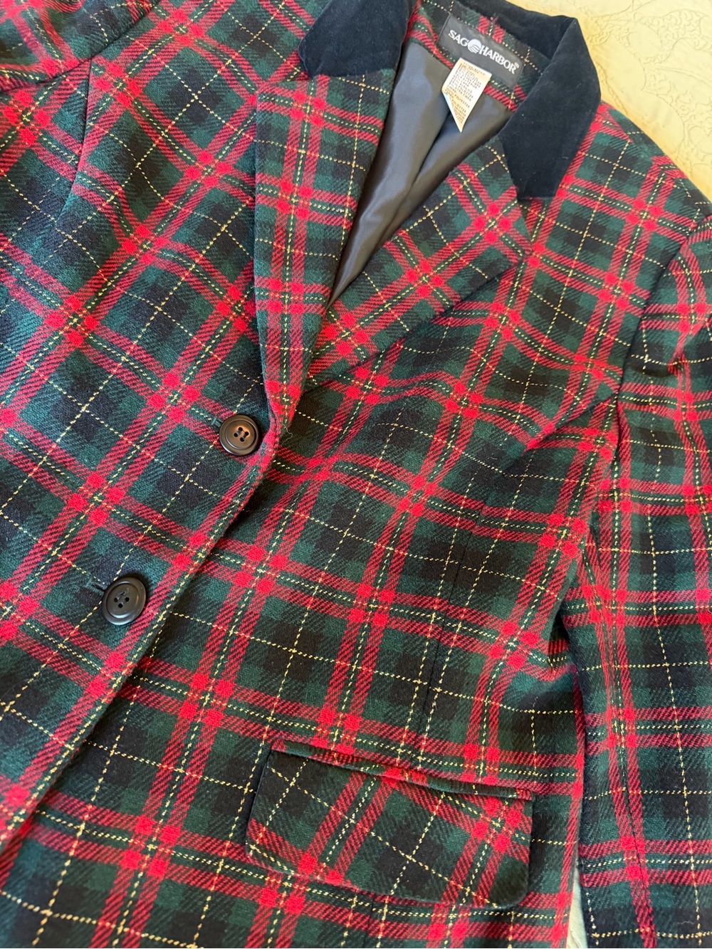 Vintage 90s Tartan Plaid Wool Blazer Red Green Holiday Preppy Equestrian 12 - Picture 8 of 12